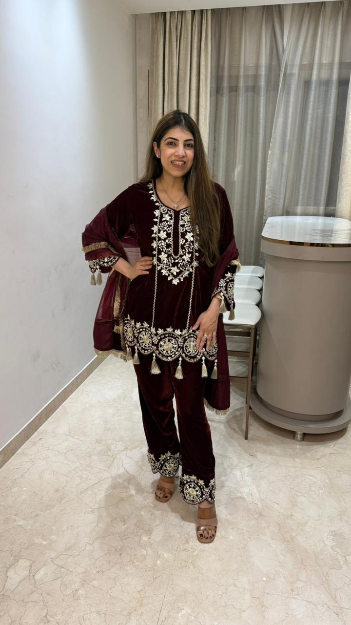 3 pc velvet suit with gota work with organza dupatta