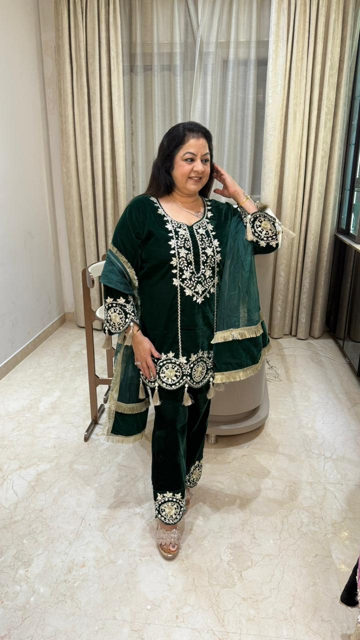 3 pc velvet suit with gota work with organza dupatta