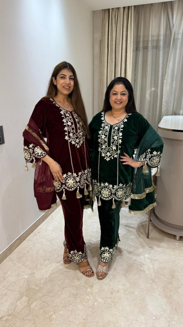 3 pc velvet suit with gota work with organza dupatta