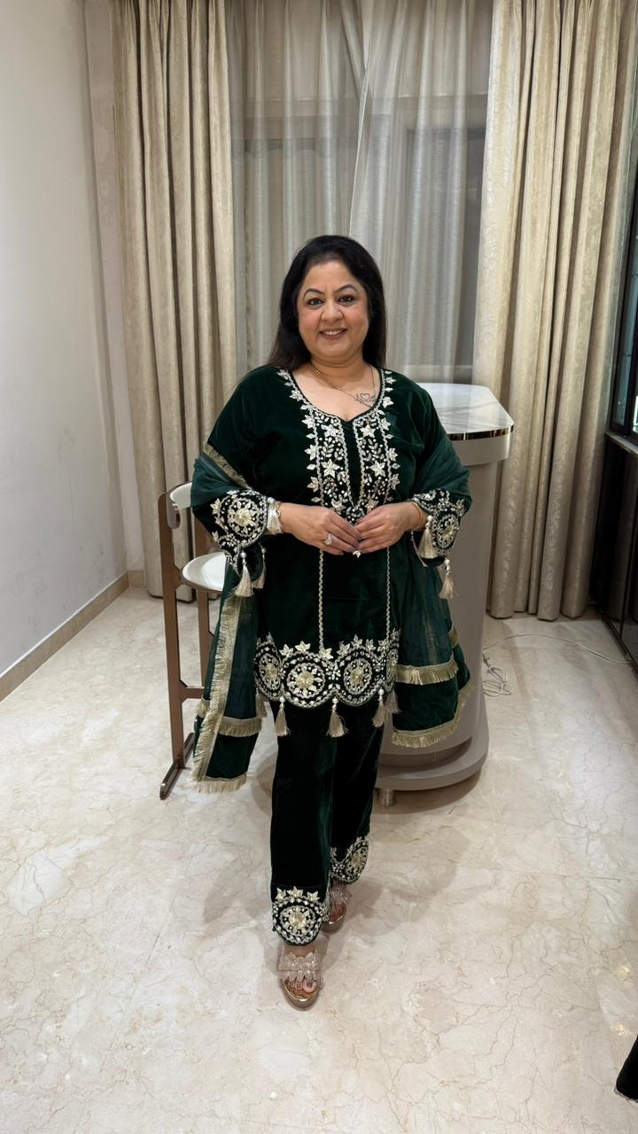 3 pc velvet suit with gota work with organza dupatta