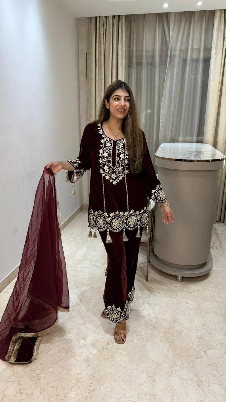 3 pc velvet suit with gota work with organza dupatta