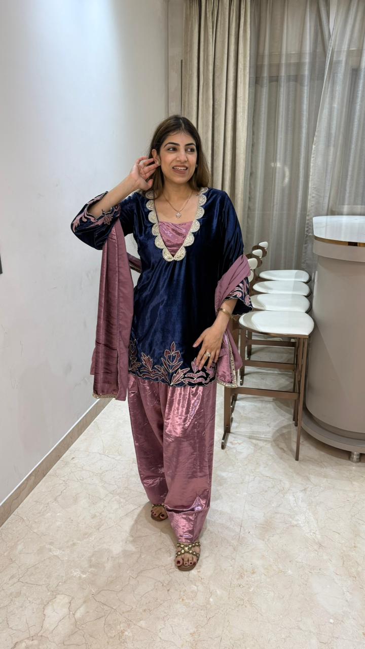 3 pc velvet farshi salwar suit with lazer cut work with velvet dupatta