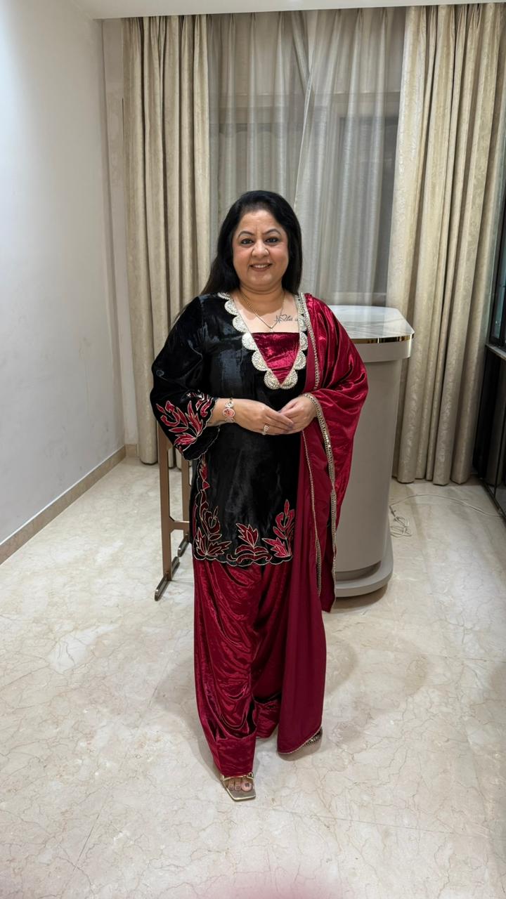 3 pc velvet farshi salwar suit with lazer cut work with velvet dupatta