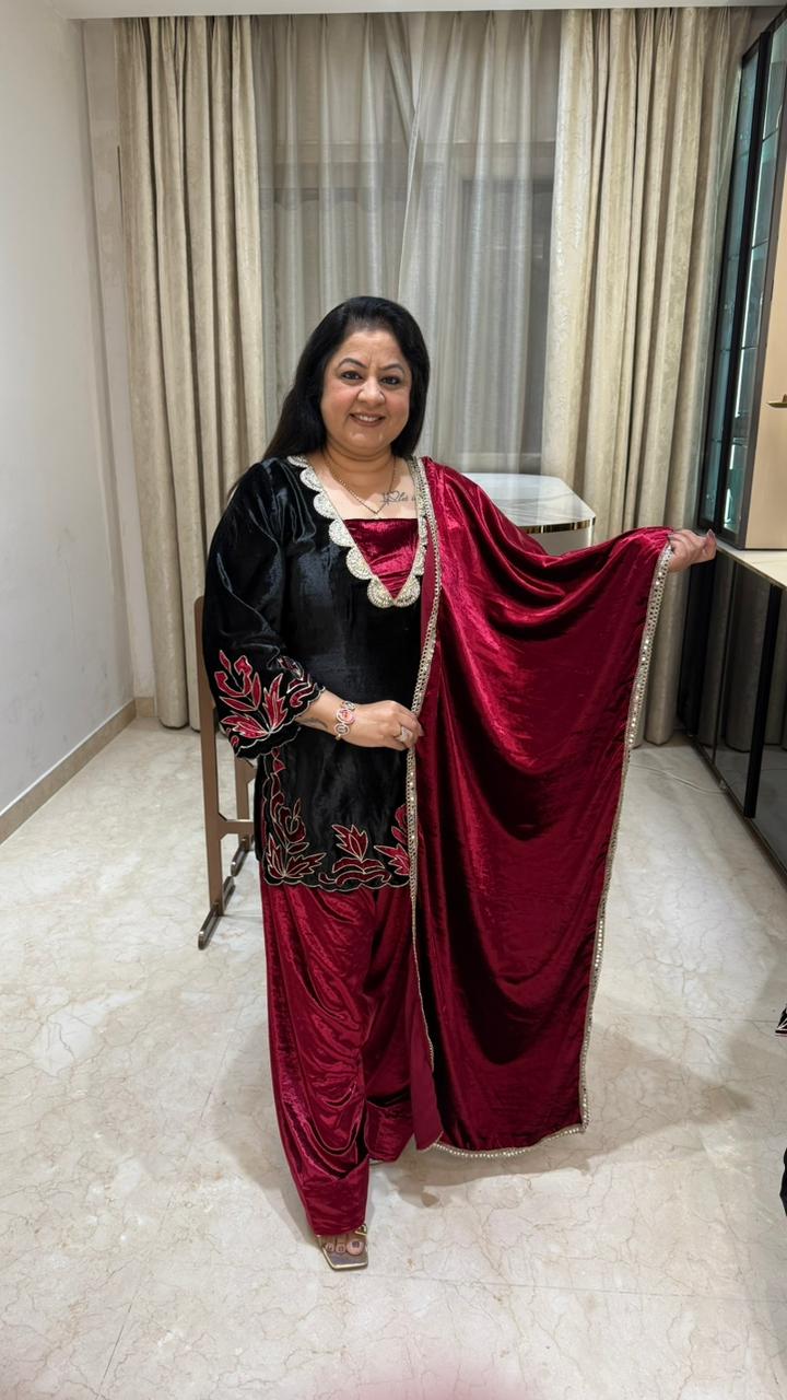 3 pc velvet farshi salwar suit with lazer cut work with velvet dupatta