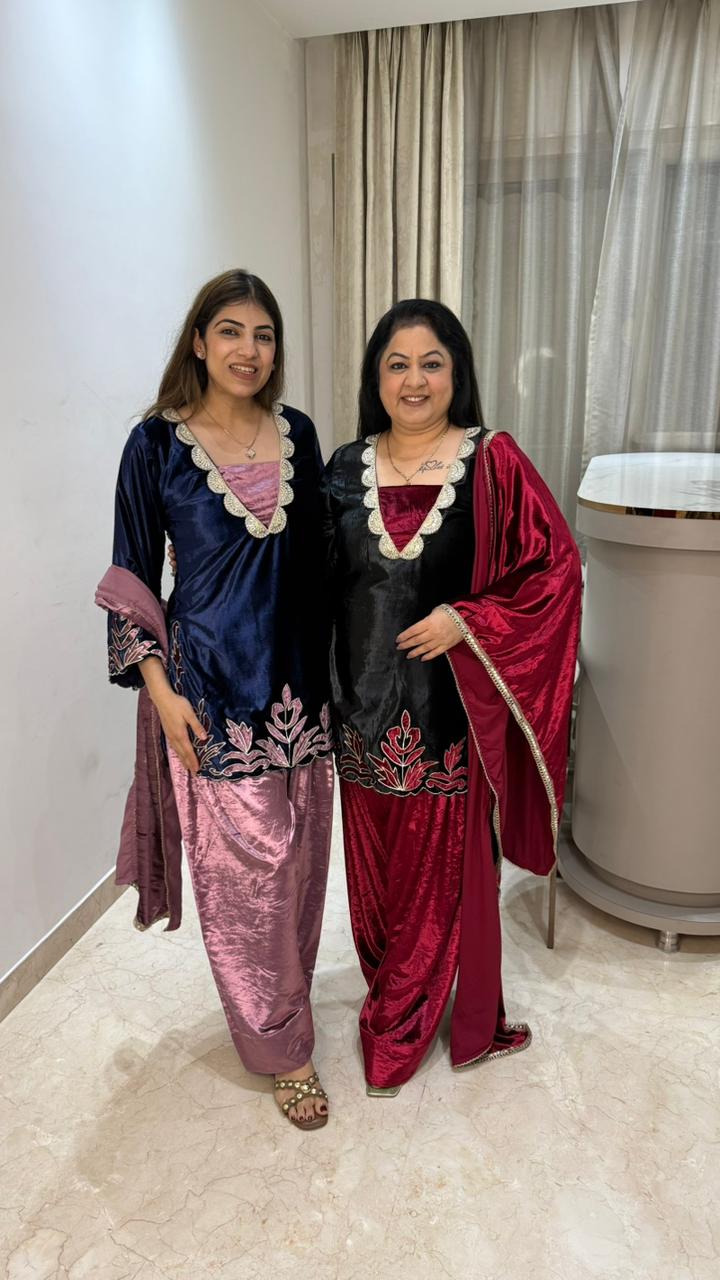 3 pc velvet farshi salwar suit with lazer cut work with velvet dupatta