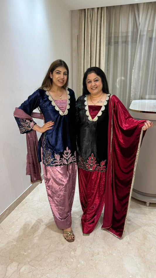3 pc velvet farshi salwar suit with lazer cut work with velvet dupatta