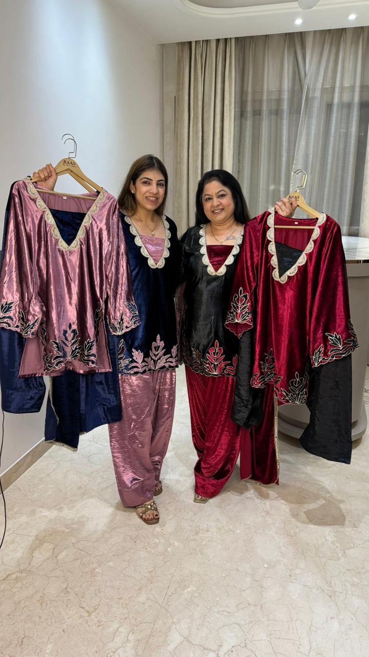3 pc velvet farshi salwar suit with lazer cut work with velvet dupatta