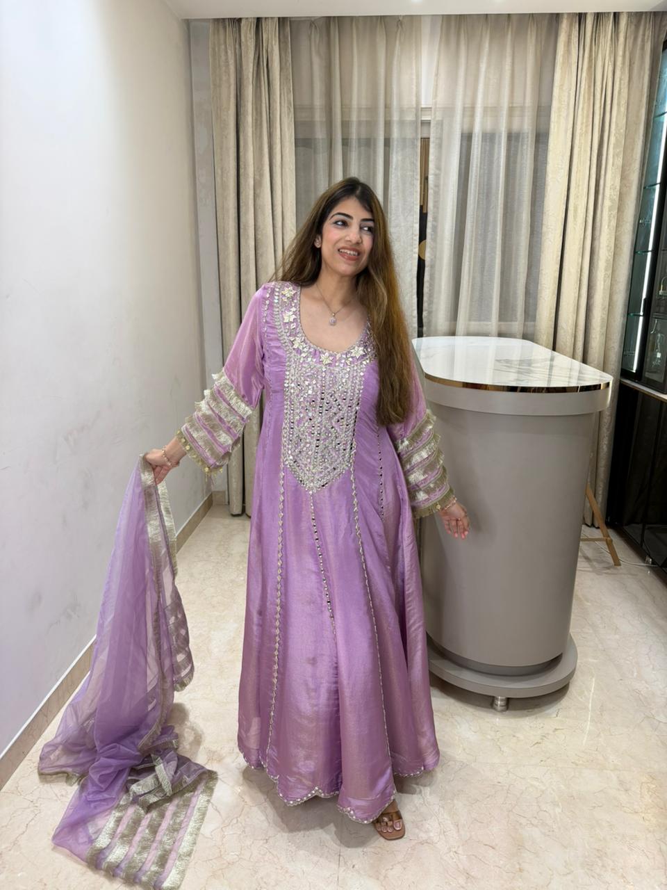 Simmar tissue long partywear anarkali set with lace work duppata and all original mirror work