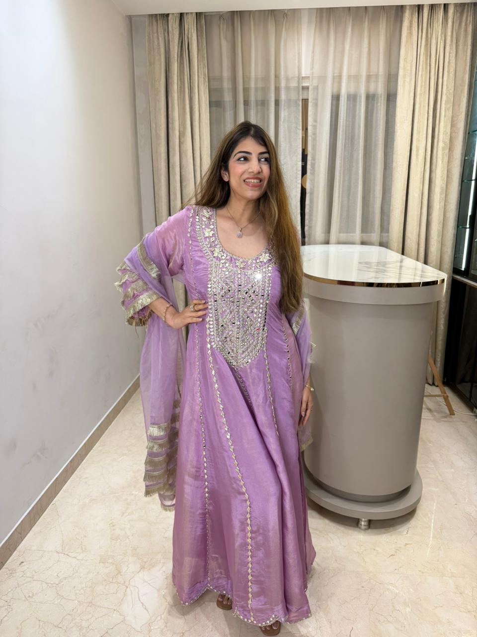 Simmar tissue long partywear anarkali set with lace work duppata and all original mirror work
