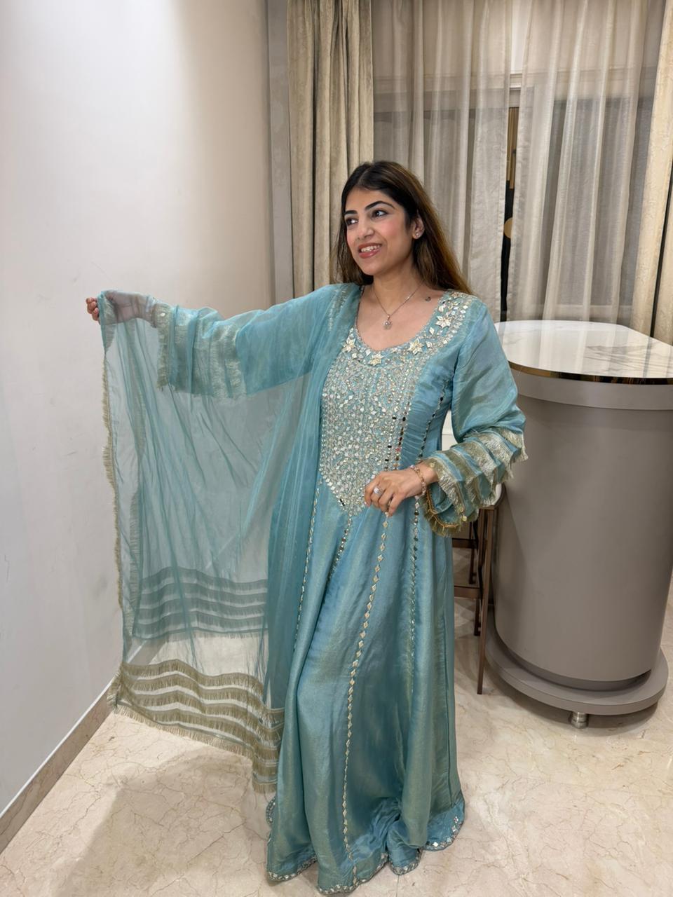 Simmar tissue long partywear anarkali set with lace work duppata and all original mirror work