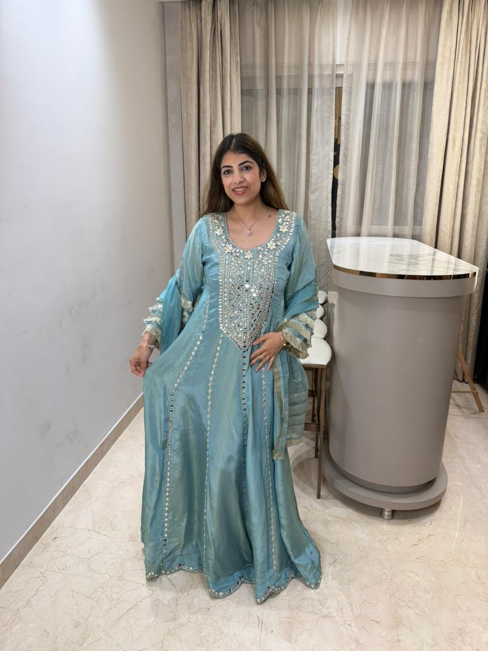 Simmar tissue long partywear anarkali set with lace work duppata and all original mirror work