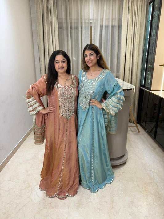 Simmar tissue long partywear anarkali set with lace work duppata and all original mirror work