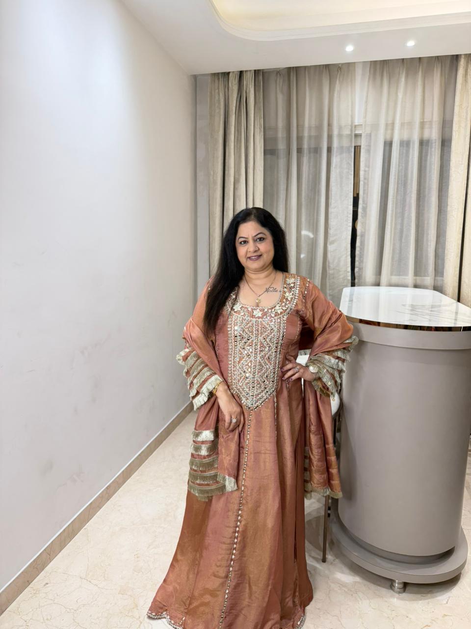 Simmar tissue long partywear anarkali set with lace work duppata and all original mirror work