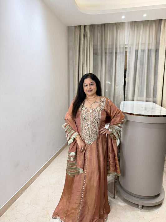 Simmar tissue long partywear anarkali set with lace work duppata and all original mirror work