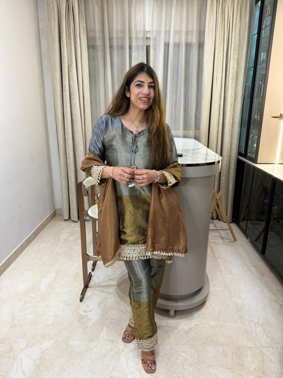 Pure banarasi  fabric 3pc, suit with lace work inside pure cotton lining