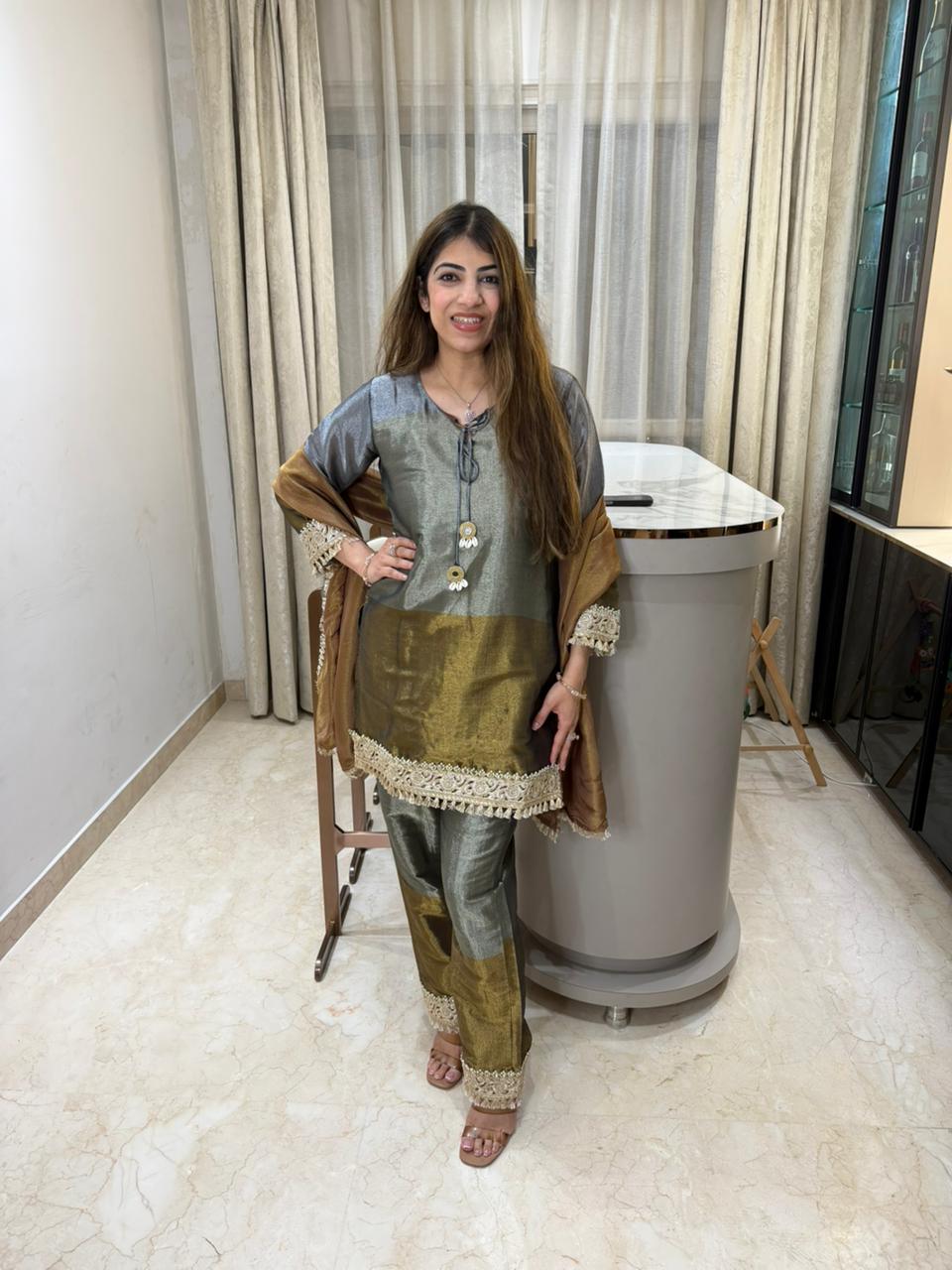 Pure banarasi  fabric 3pc, suit with lace work inside pure cotton lining