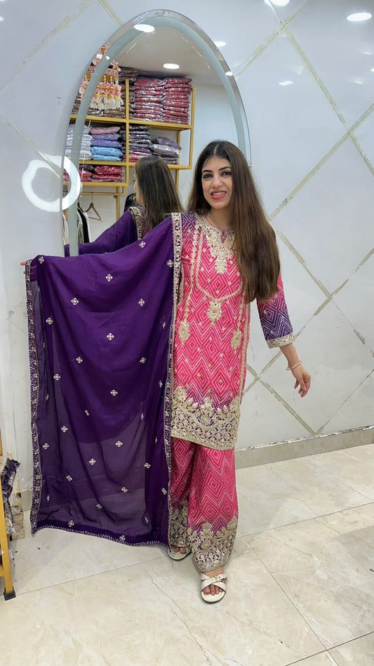 Pure crepe , bandhani print 3 pc partywear suit