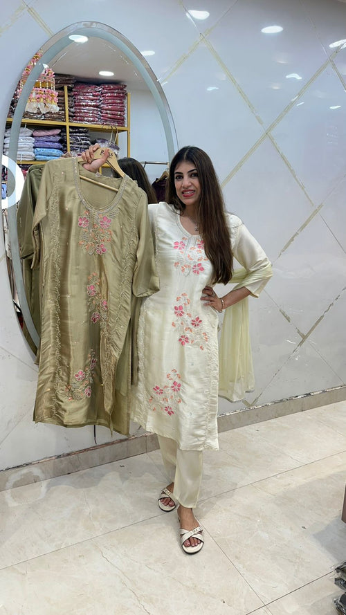 Glass tissue, 3pc partywear suit  machine embroidery and handwork design