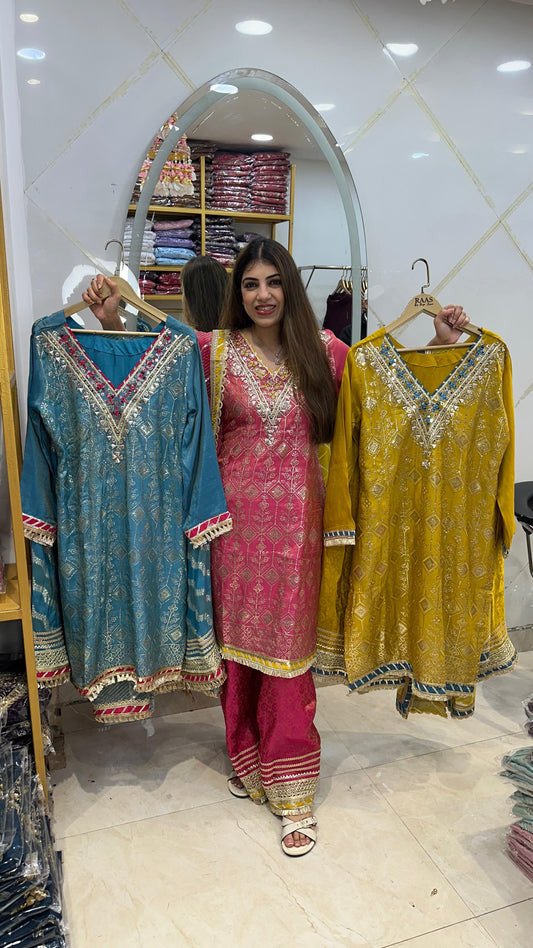 Banarasi simmar fabric 3pc, partywear suit with plazo