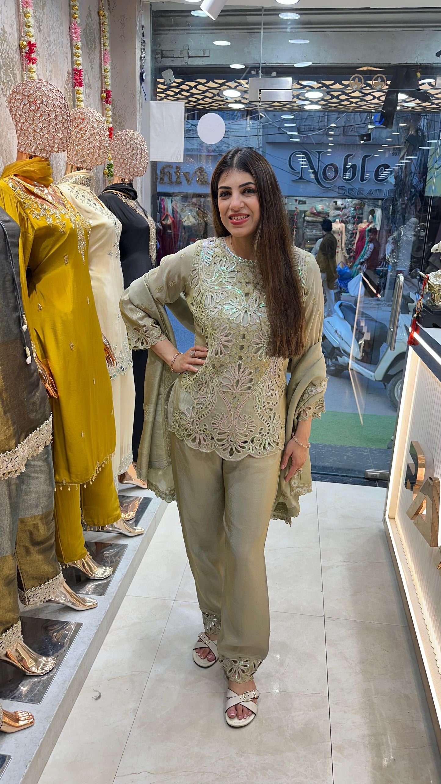 Shimmer tissue 3 pc, partywear suit with all cutwork  design front nd back