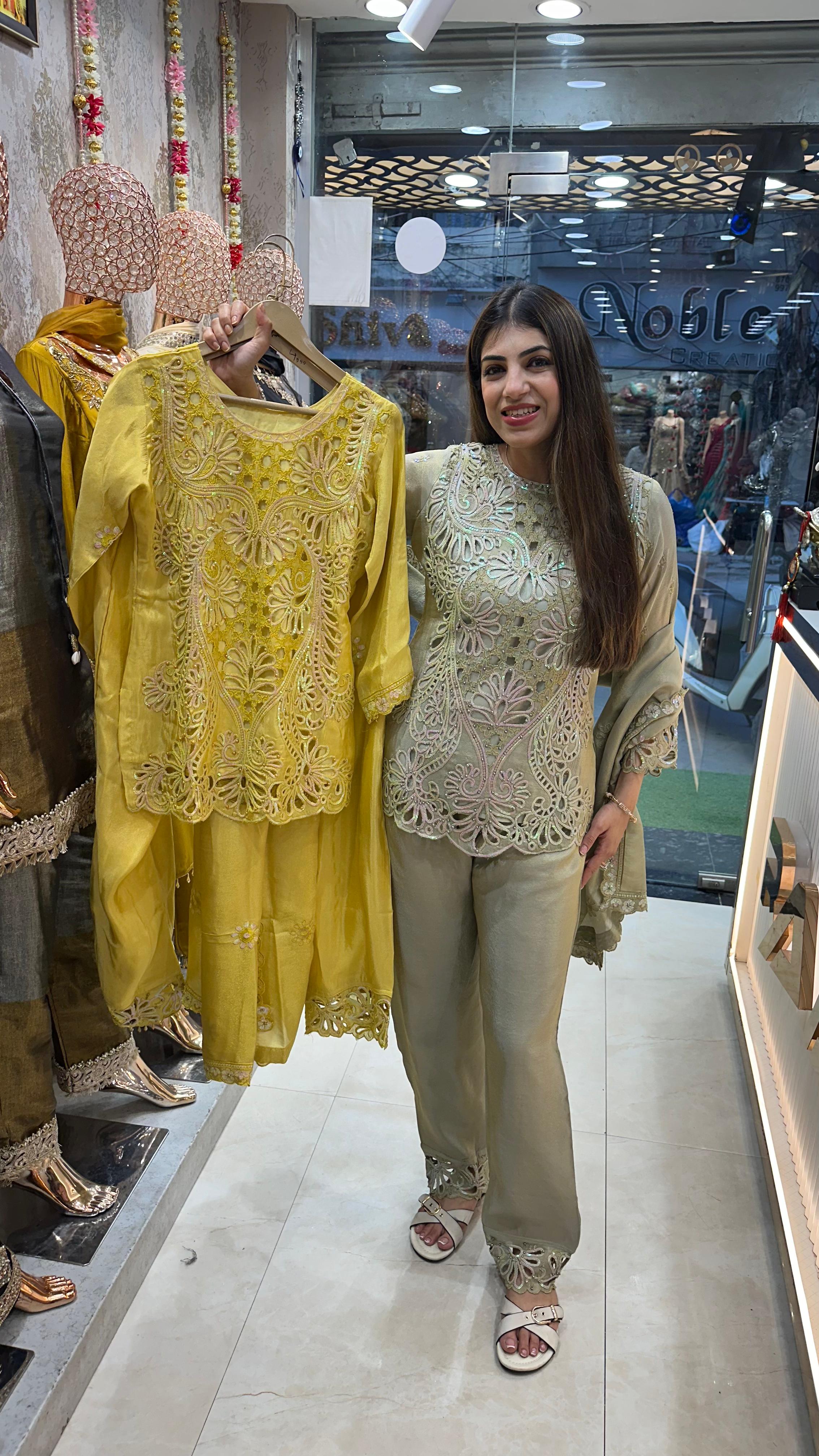 Shimmer tissue 3 pc, partywear suit with all cutwork  design front nd back
