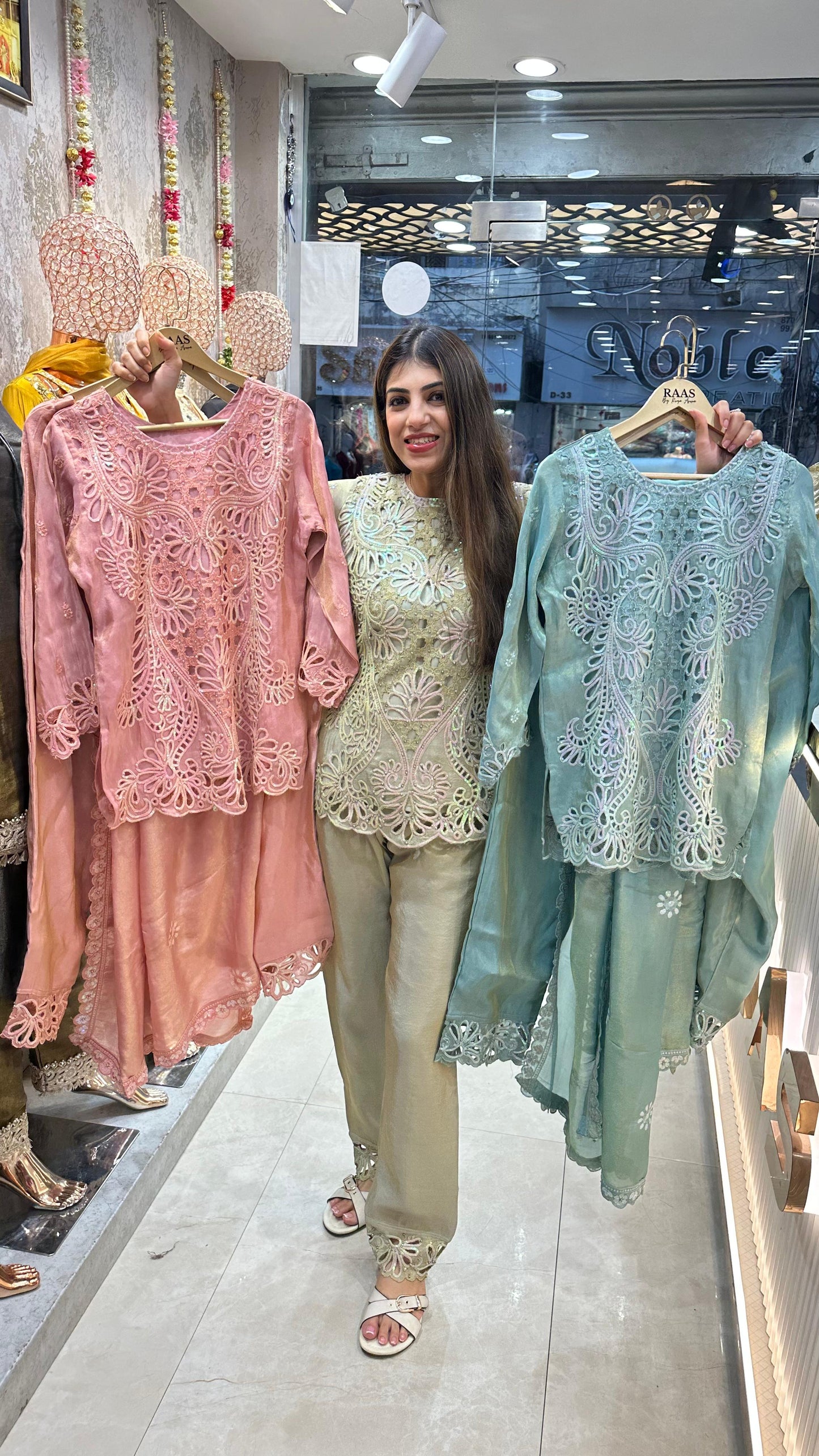 Shimmer tissue 3 pc, partywear suit with all cutwork  design front nd back