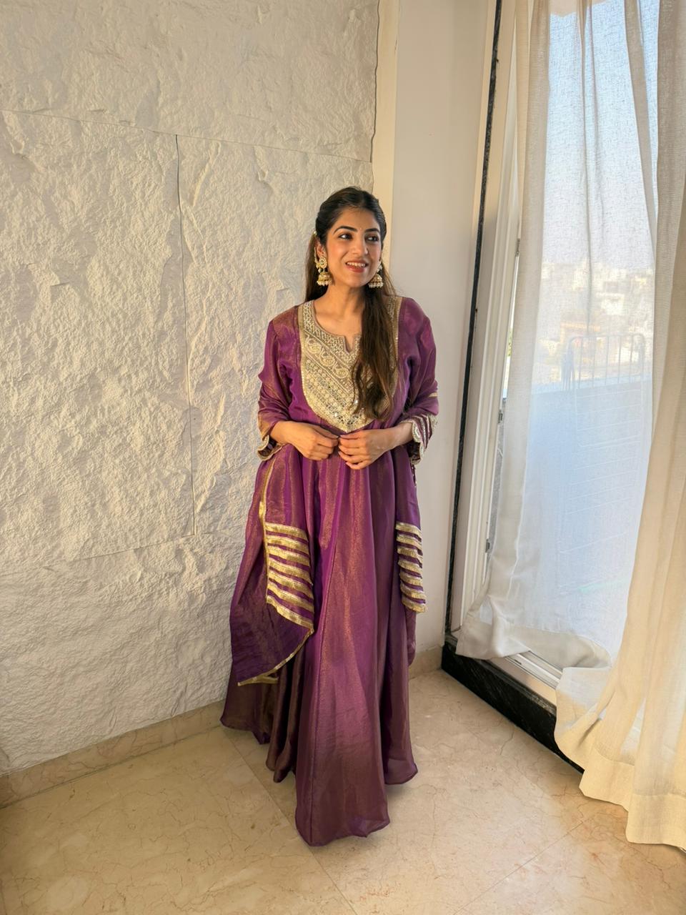 Shimmer tissue,long anarkali set,handwork and patch work in dupatta all over lace work