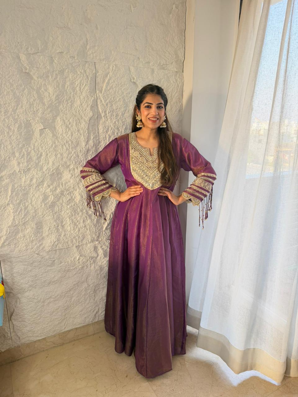 Shimmer tissue,long anarkali set,handwork and patch work in dupatta all over lace work