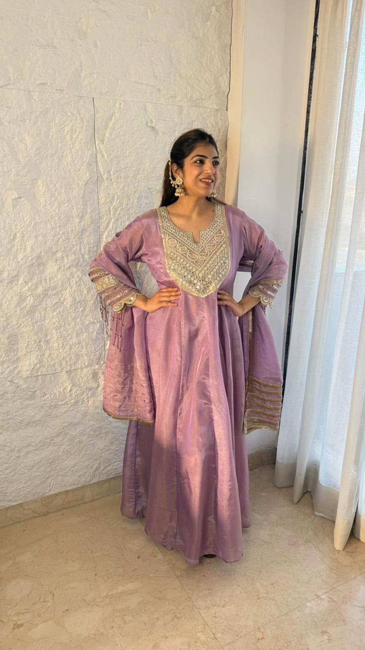 Shimmer tissue,long anarkali set,handwork and patch work in dupatta all over lace work