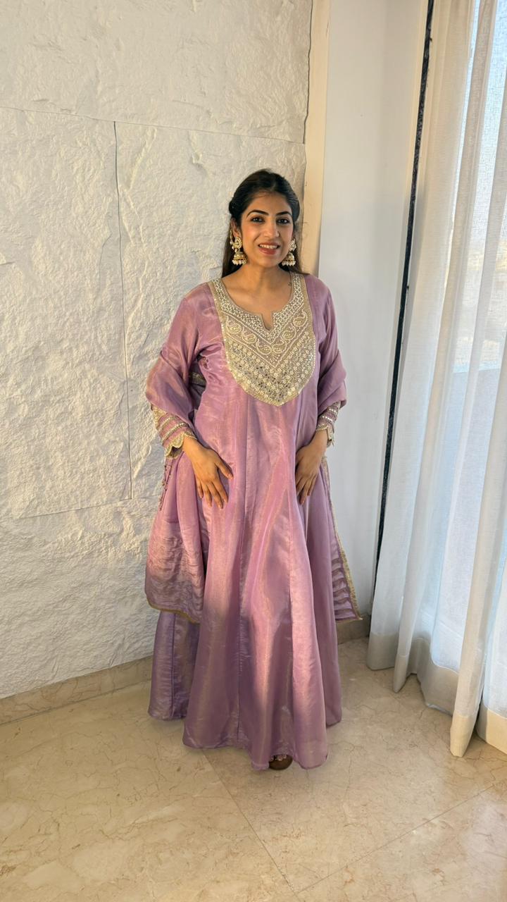 Shimmer tissue,long anarkali set,handwork and patch work in dupatta all over lace work