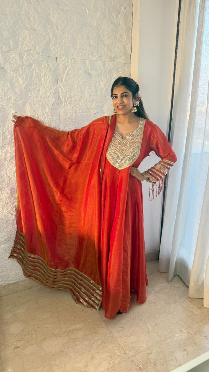 Shimmer tissue,long anarkali set,handwork and patch work in dupatta all over lace work