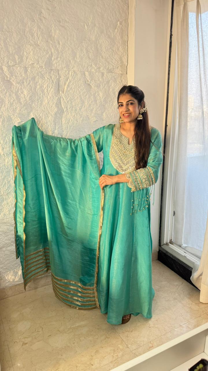 Shimmer tissue,long anarkali set,handwork and patch work in dupatta all over lace work