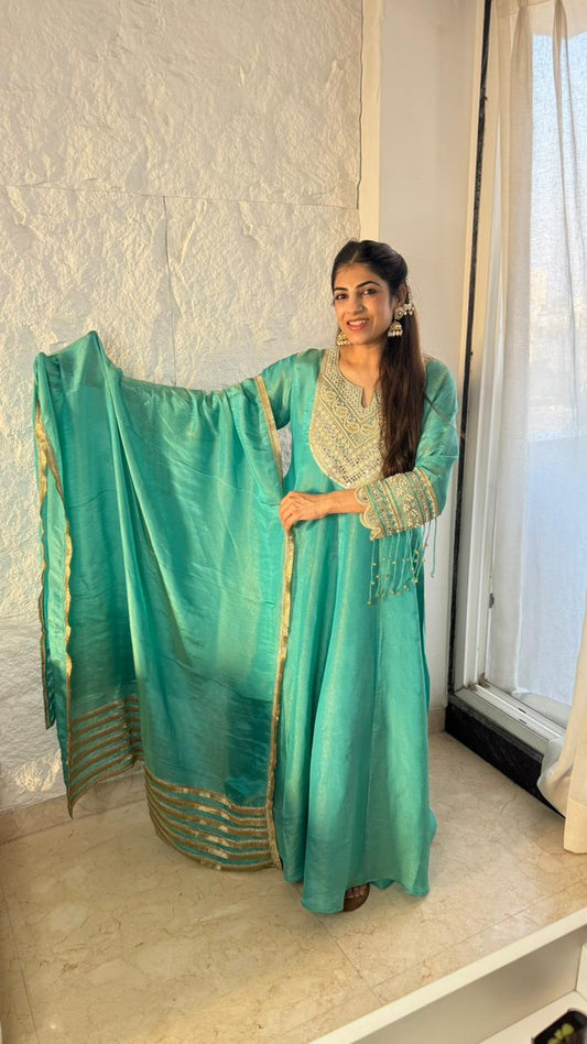 Shimmer tissue,long anarkali set,handwork and patch work in dupatta all over lace work