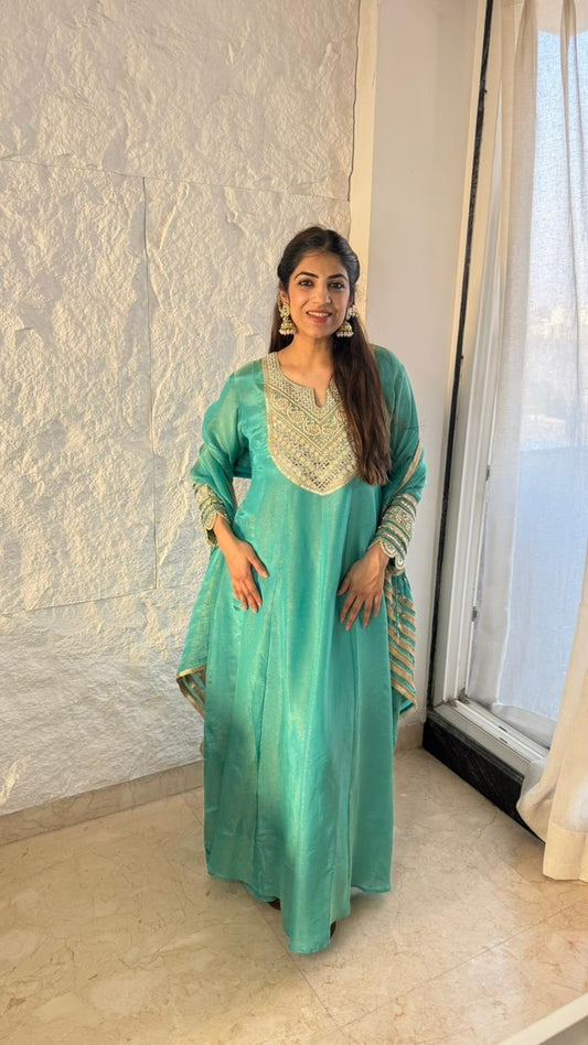 Shimmer tissue,long anarkali set,handwork and patch work in dupatta all over lace work