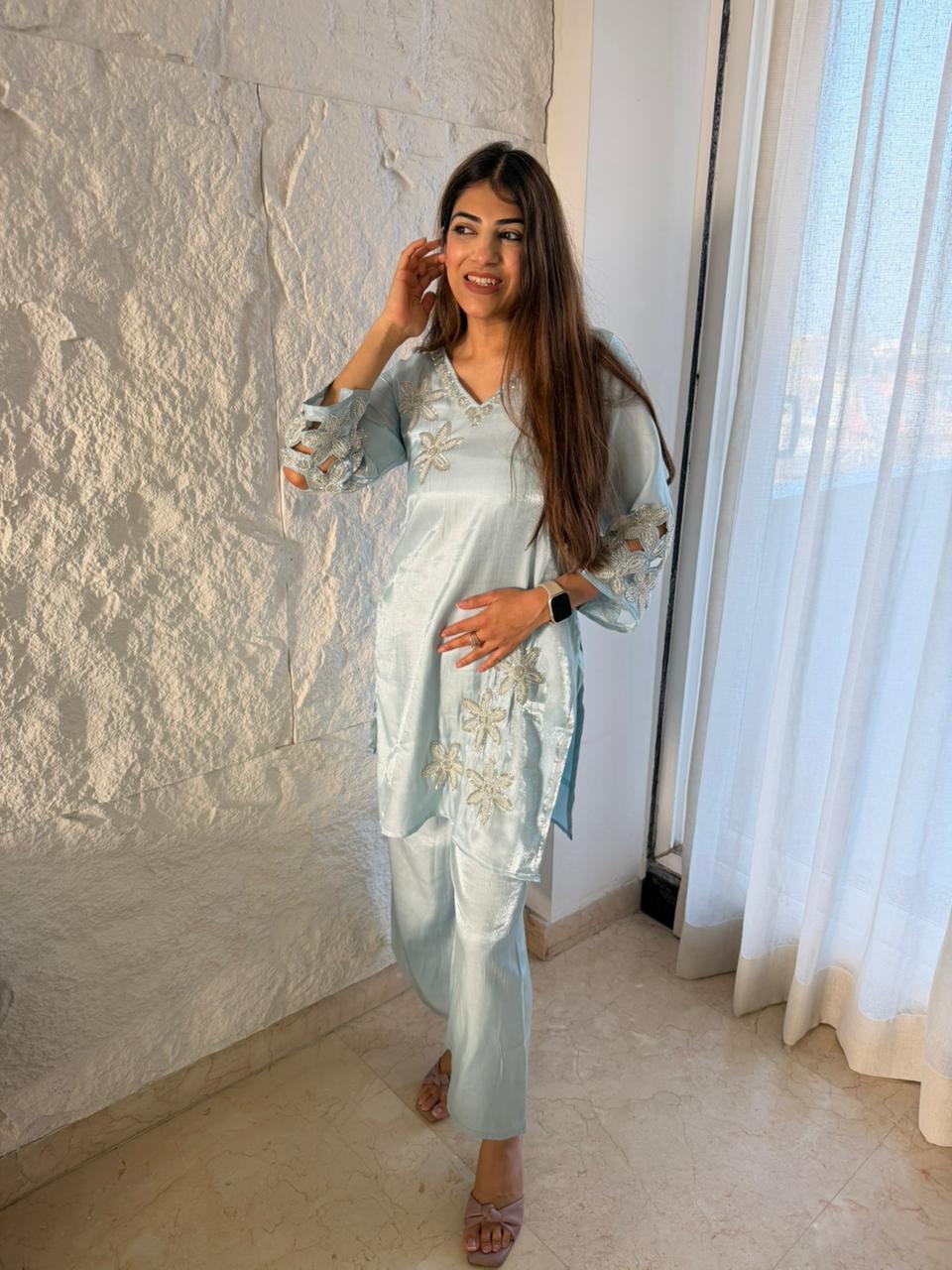 Glass tissue cut work design with all handwork 2pc- co-ord set