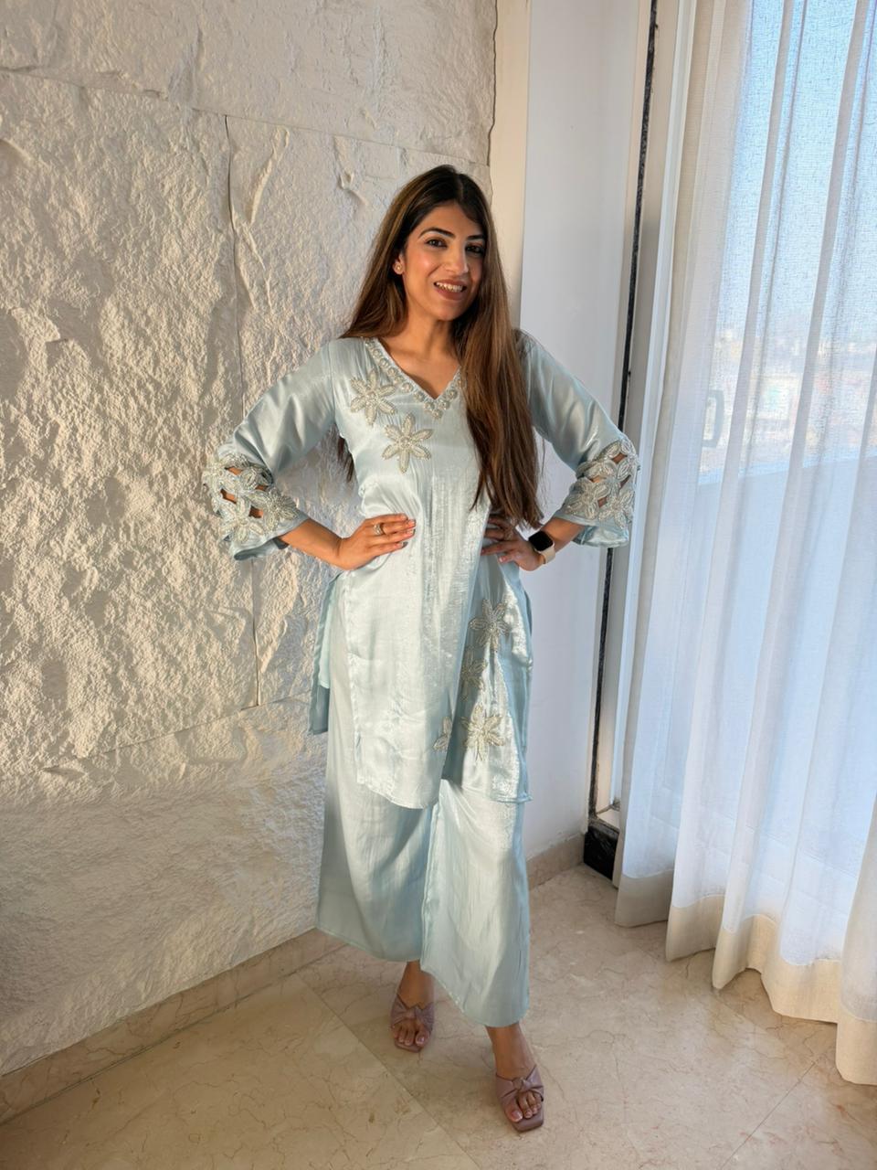 Glass tissue cut work design with all handwork 2pc- co-ord set