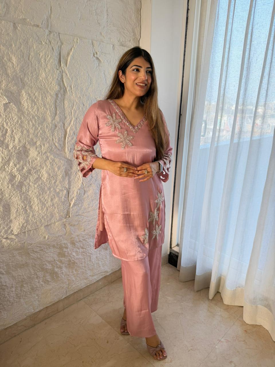 Glass tissue cut work design with all handwork 2pc- co-ord set