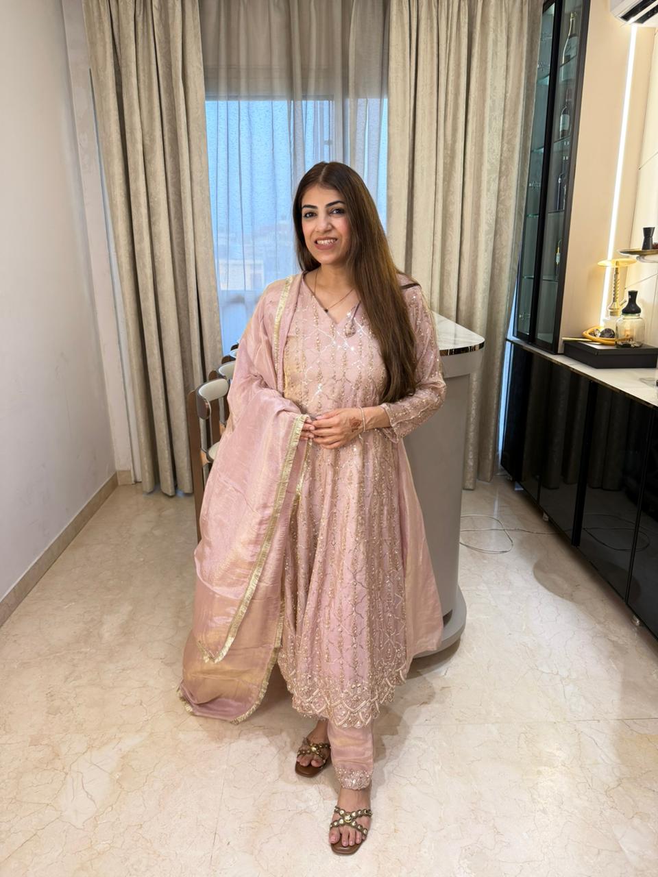Pure shimmer tissue 3pc, long anarkali set infront all over handwork