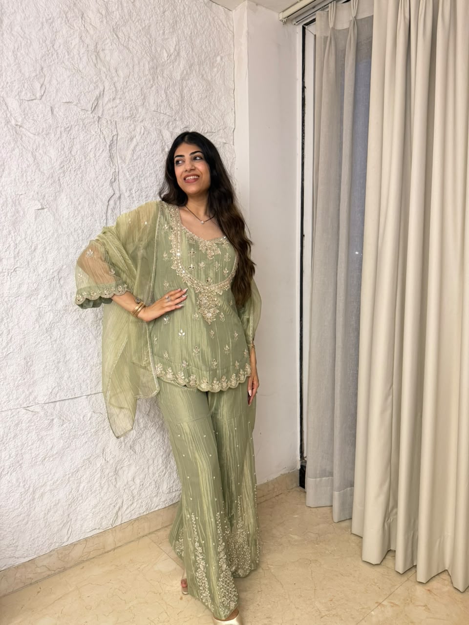 Pure imported tissue partywear 3peice garara set with all over handwork