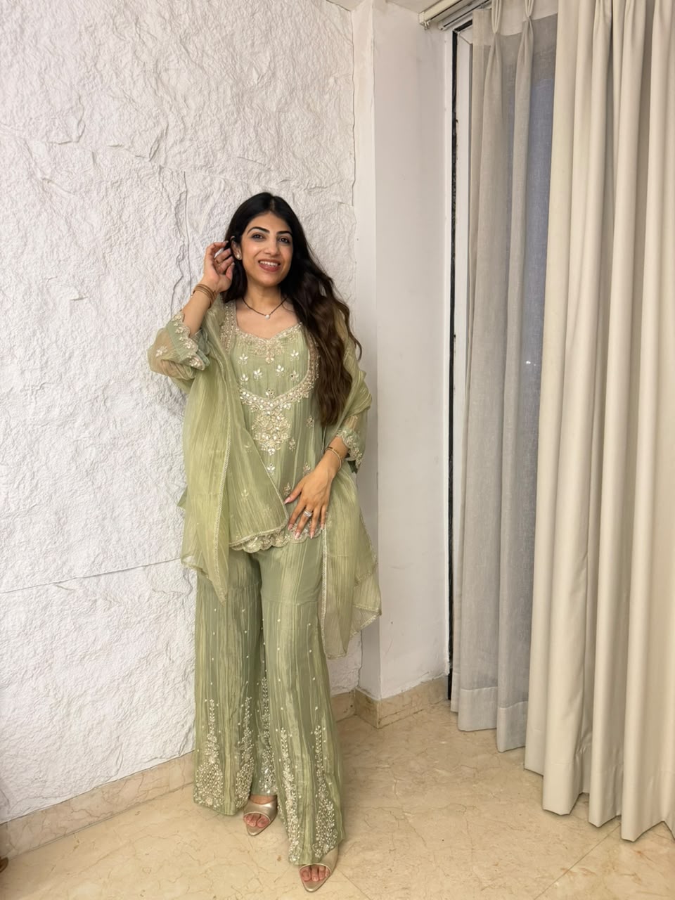 Pure imported tissue partywear 3peice garara set with all over handwork