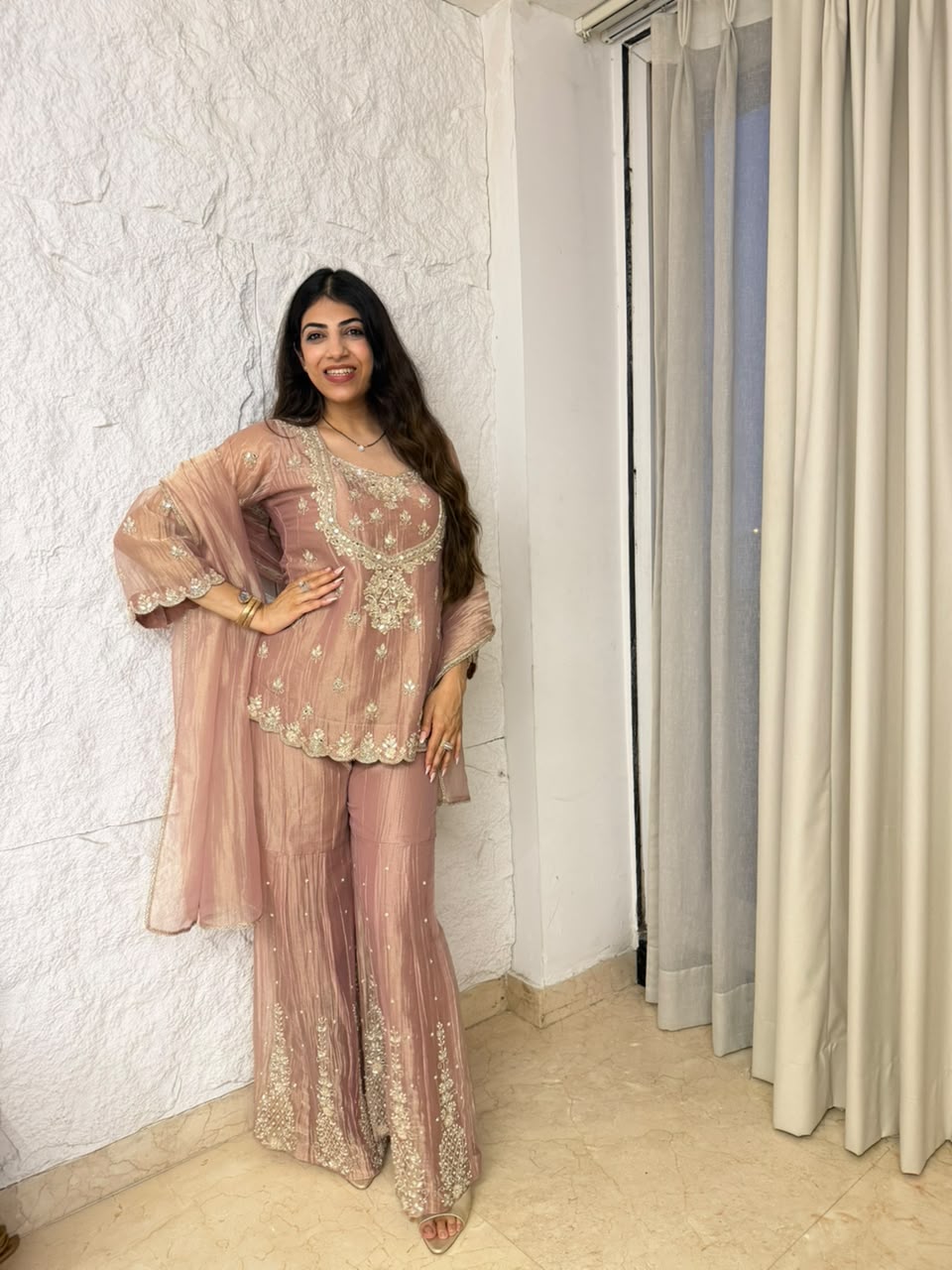 Pure imported tissue partywear 3peice garara set with all over handwork