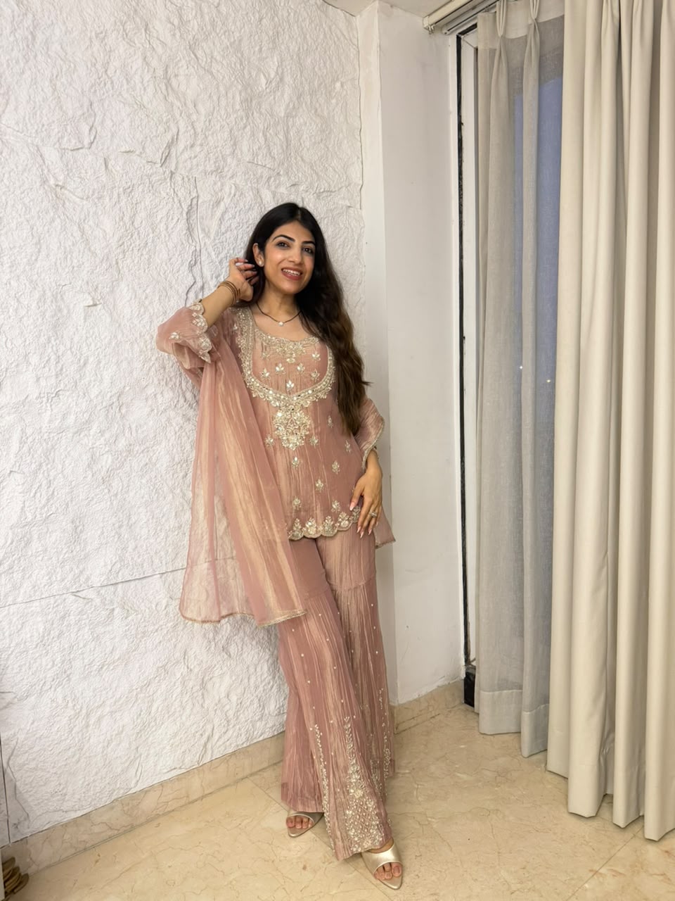 Pure imported tissue partywear 3peice garara set with all over handwork
