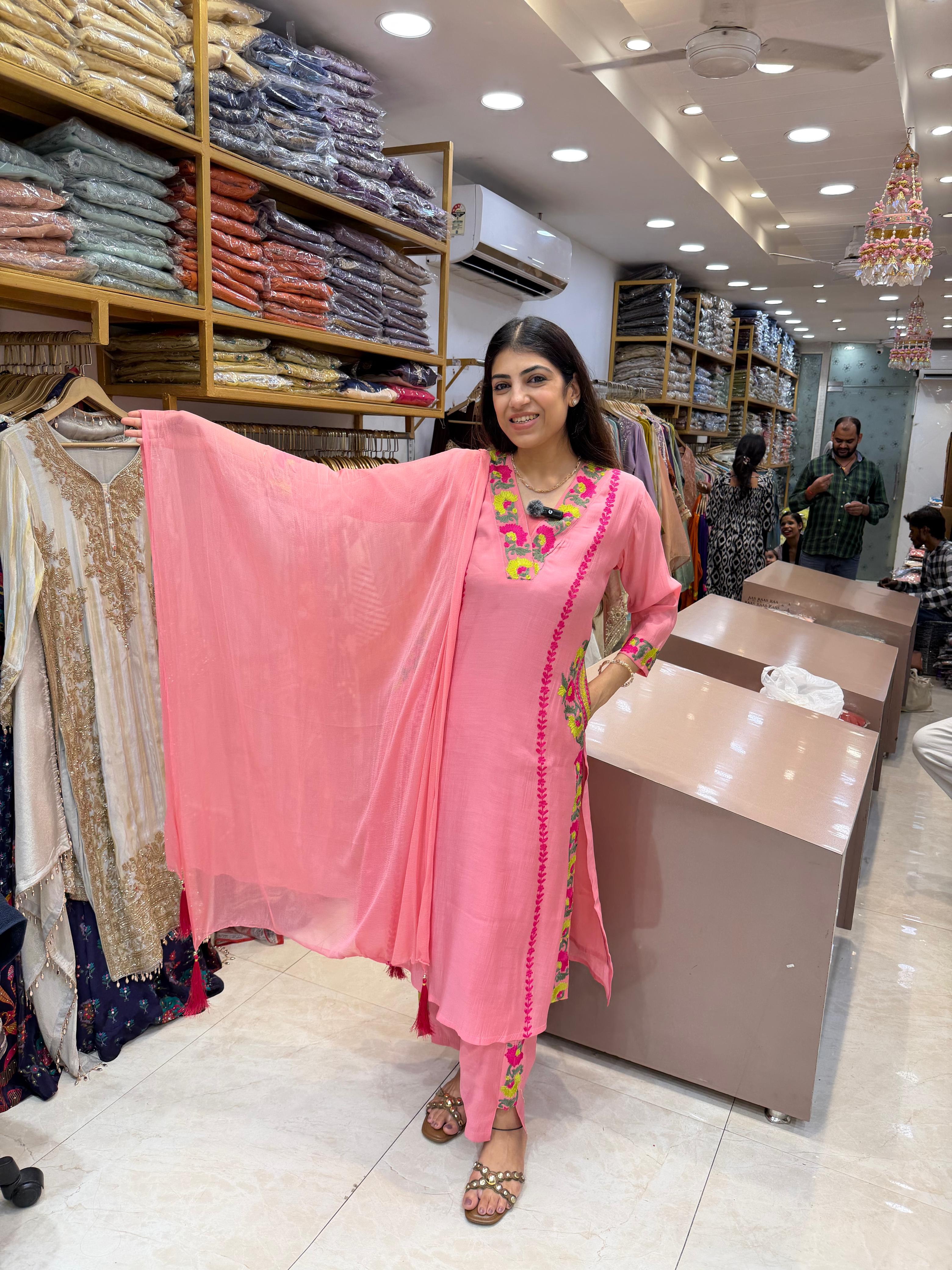 Mul chanderi 3,peice embroidery suit