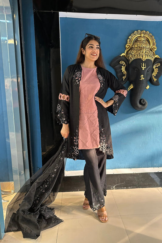 4pc Partywear Pakistani Suit With Organza Dupatta Paired With Bell Bottom Pants