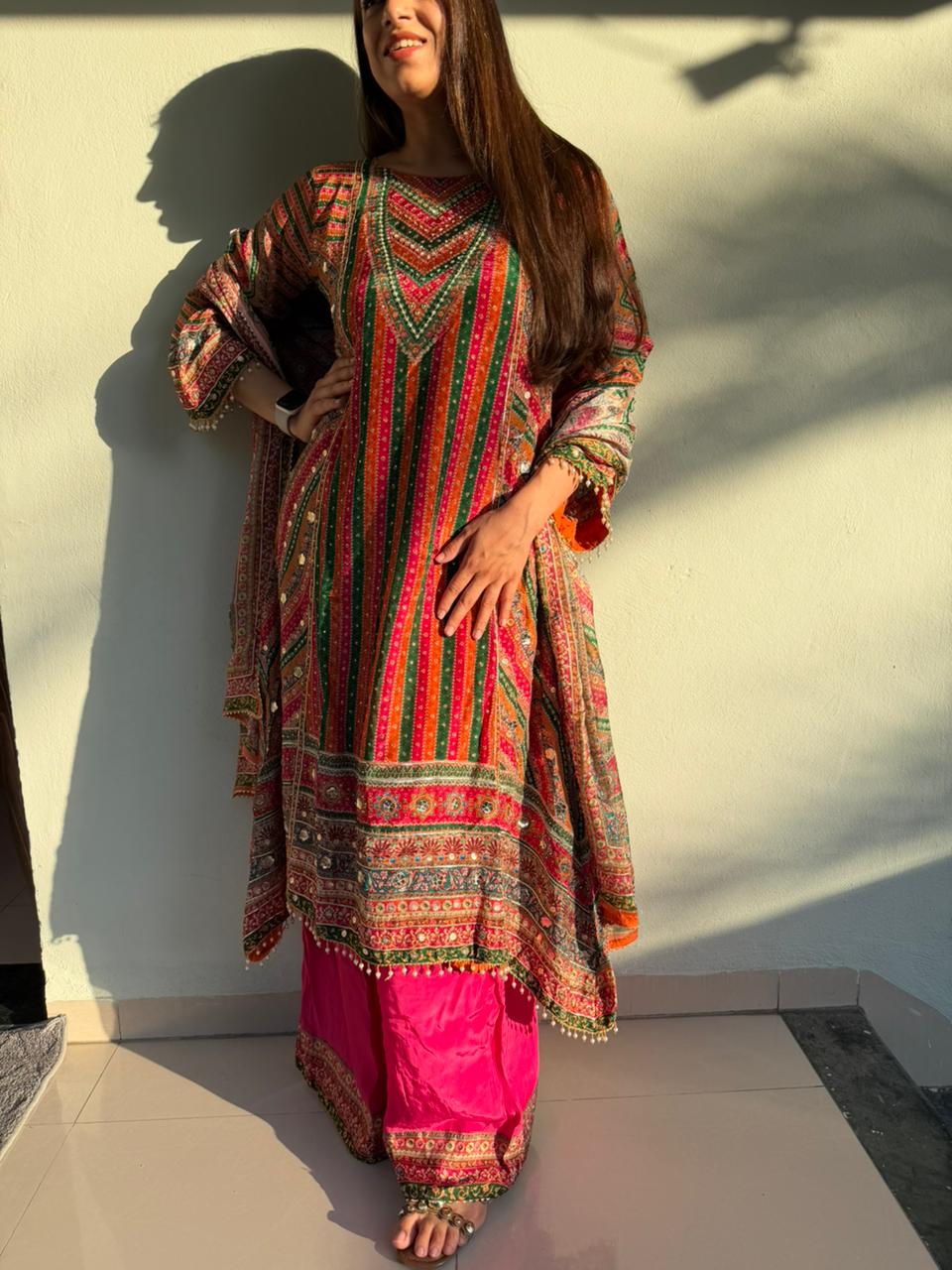 Pure crepe 3pc,set highlight with mirror and gota work