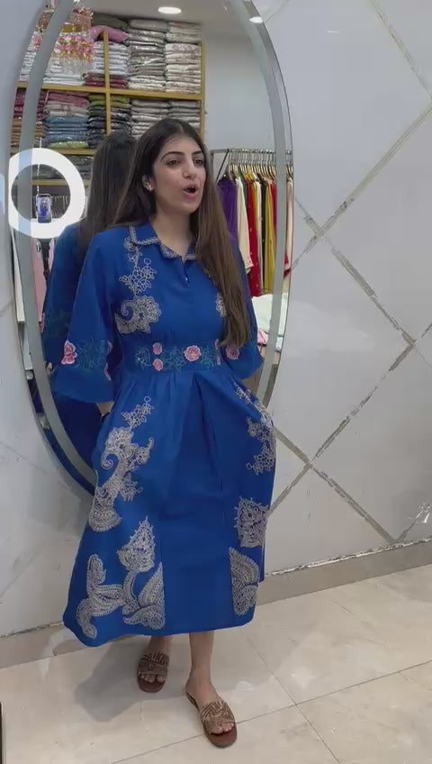 Cotton Lilen Embroidered Dress with Elastic