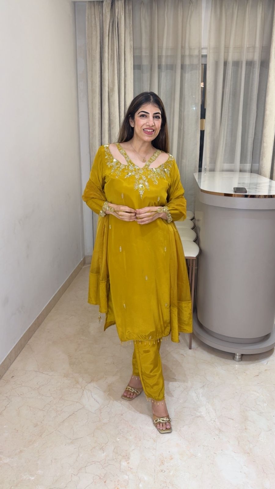 Crepe suit with complete handwork with designer neck line and sleeve paired with organza duppatta