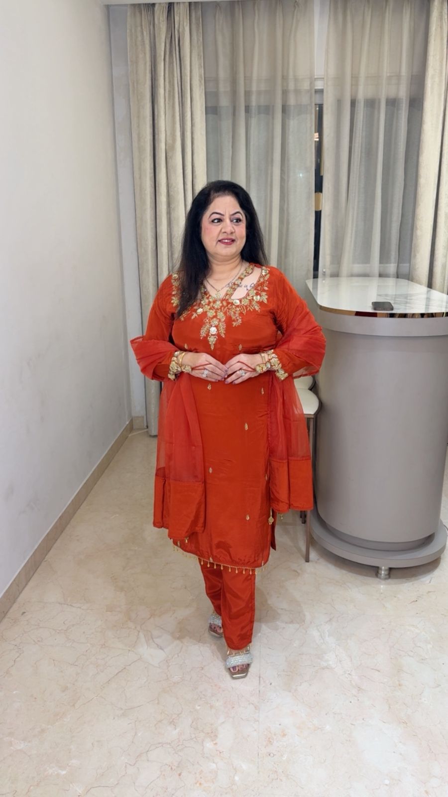 Crepe suit with complete handwork with designer neck line and sleeve paired with organza duppatta
